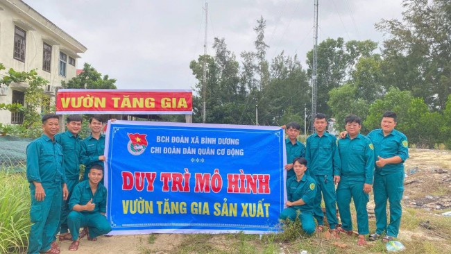 Chi đoàn Dân quân cơ động xã Bình Dương tiếp tục duy trì vườn tăng gia sản xuất.